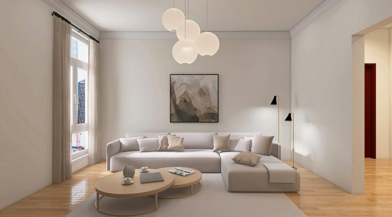 A living room with a couch and a table