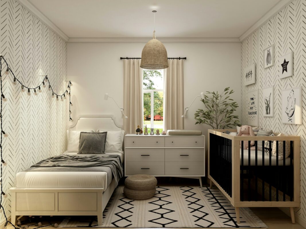 White wooden bed frame with white bed linen