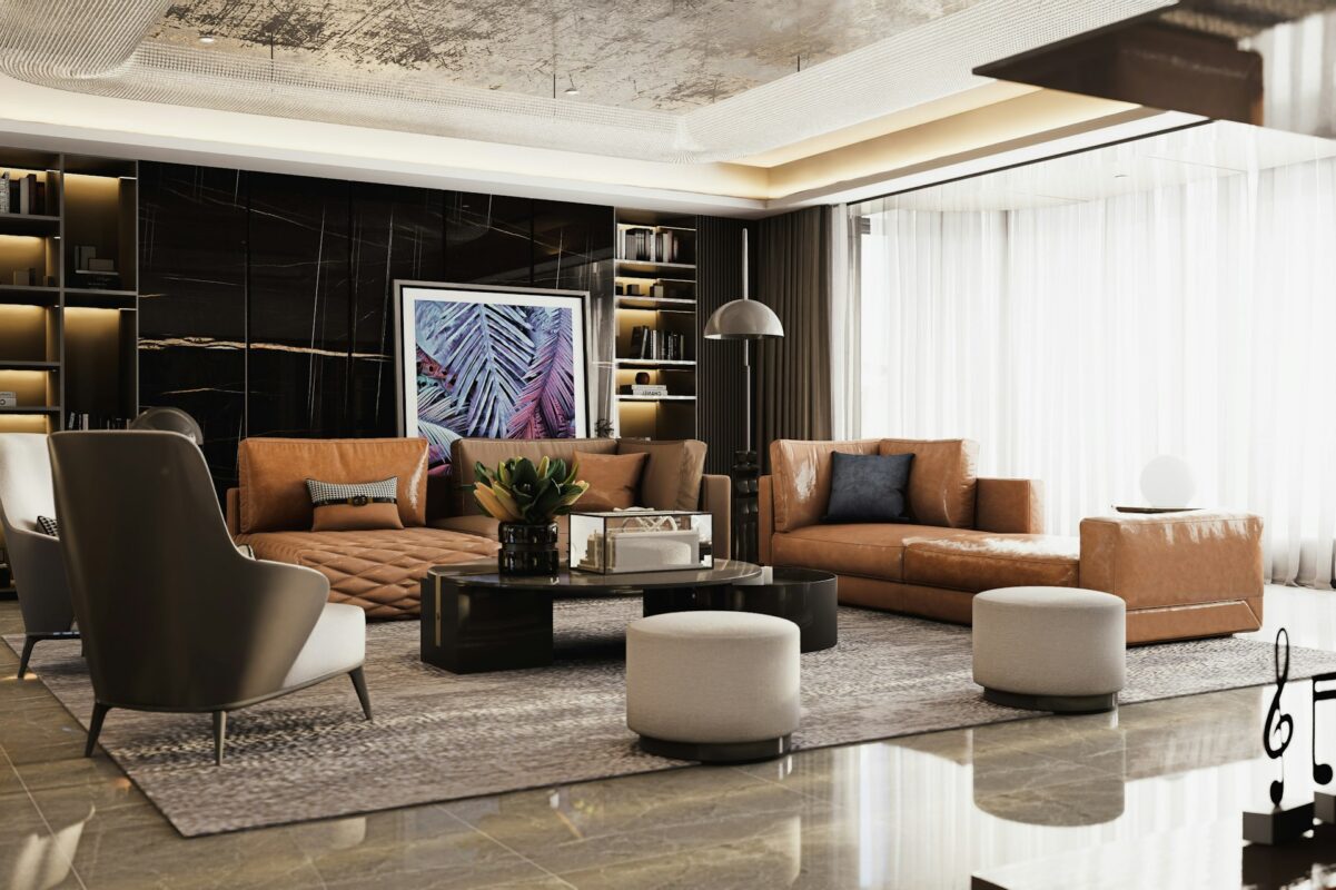 Elegant living room with brown leather furniture and stylish decor