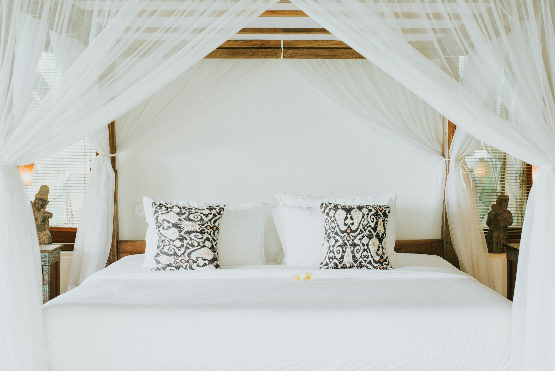 A bed with a white canopy over it