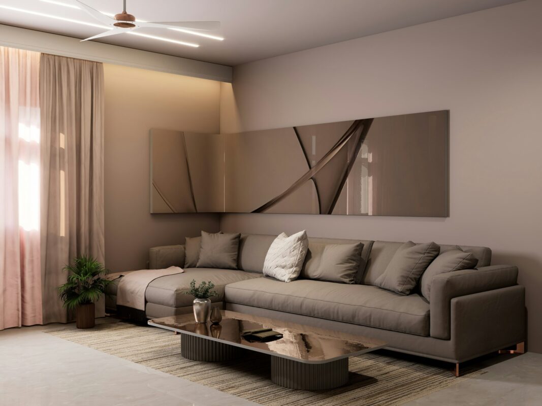 Modern living room with a chic, neutral color scheme