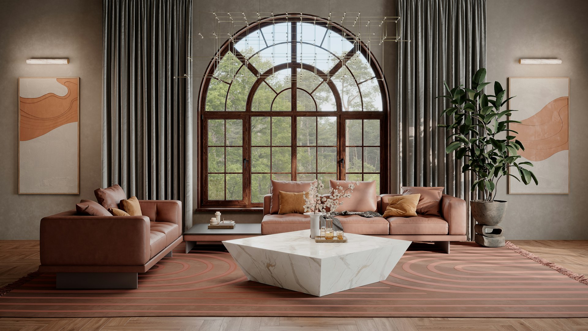 Elegant living room with sofas, coffee table, and arched window